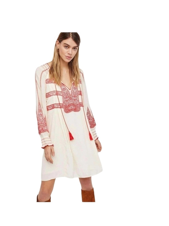 Free People Dresses & Skirts - Free People Wind Willow Embroidered Mini Dress S Ivory Red Boho Peasant Dress